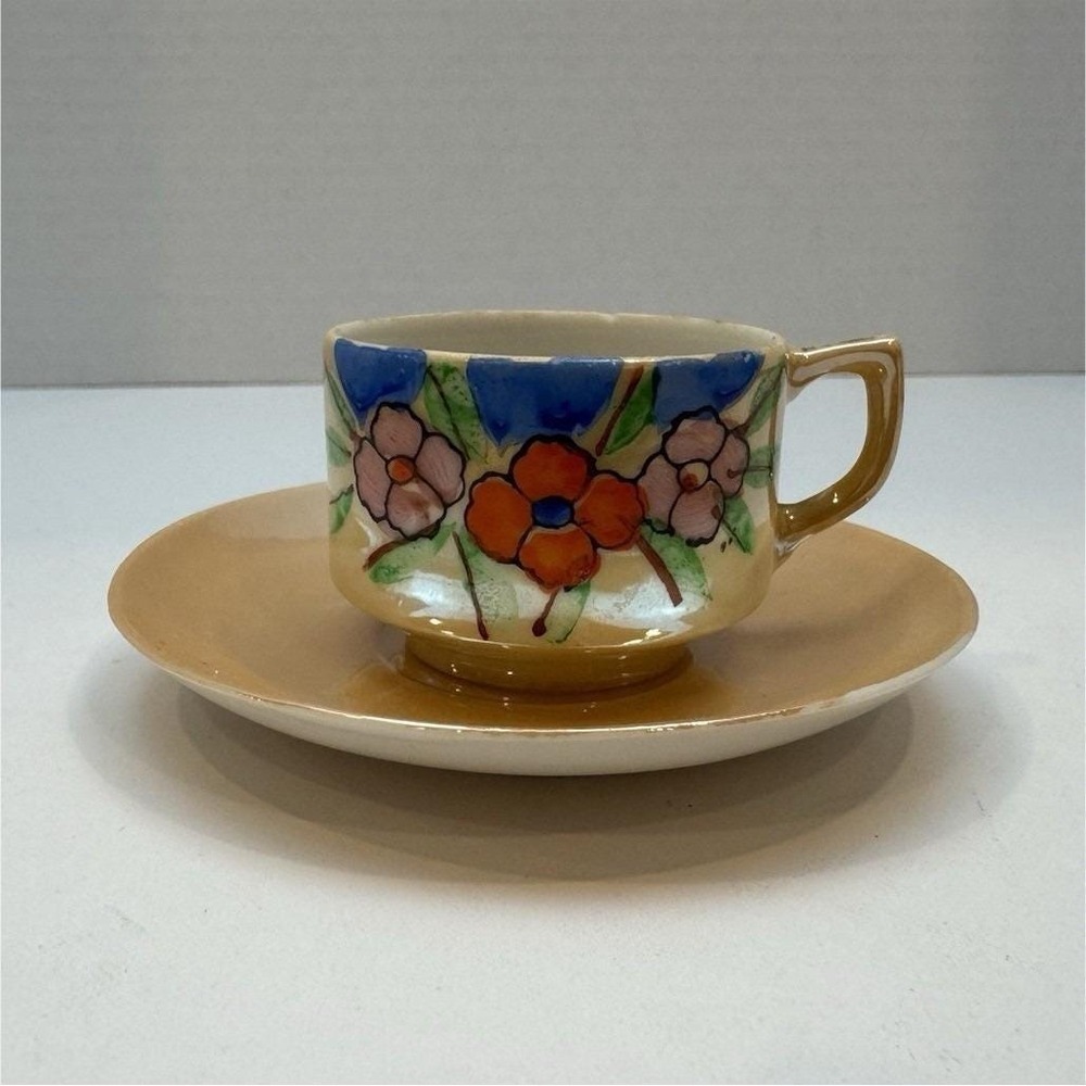 Japanese Hand Painted Floral Teacup & Saucer Set, Lusterware, Peach, VTG, Mini